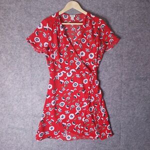 J CREW Red Floral Pansy Printed Poly Wrap Dress L6954 V-Neck Cap Sleeve Size 6